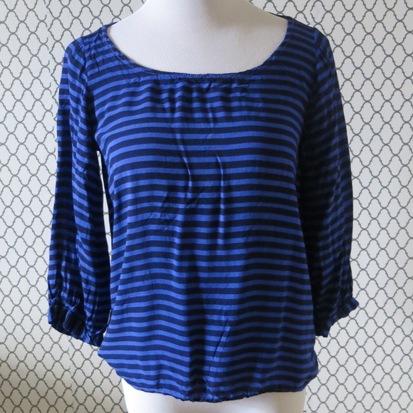 SPLENDID Elastic Waist Stripe 3/4 Sleeve Hi Lo Top Blouse - Size Petite Small - Picture 2 of 7